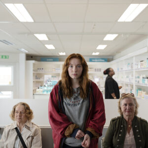 A young red-haired woman stands in a pharmacy surrounded by shelves of products, with other customers seated and standing in the background