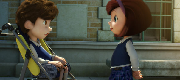 An animated image of a boy and a girl looking at each other