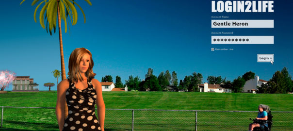 A woman stands next a palm tree. A person in a wheelchair is in the background