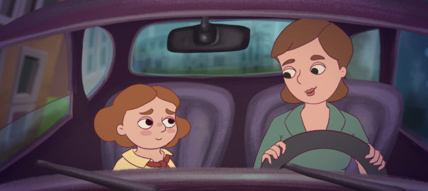 An animated image of a young girl and her mom in a car