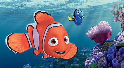 An animated image of a clown fish and a royal blue tang
