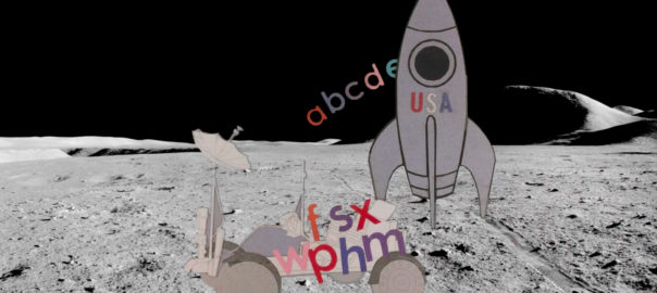 An animated lunar rover and rocket on top of a moon surface