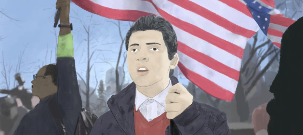 An animated image of a man in front of a waving American flag