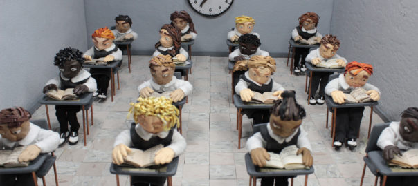 A claymation image of a full classroom