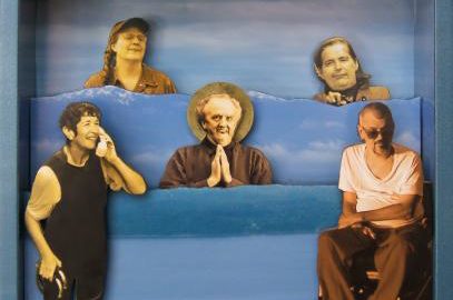 Five different people are featured in a collage with a blue background