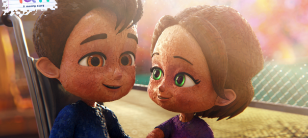 An animated image of a girl sitting next to a boy in a wheelchair
