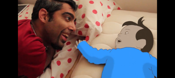 A man lays next to an animated baby