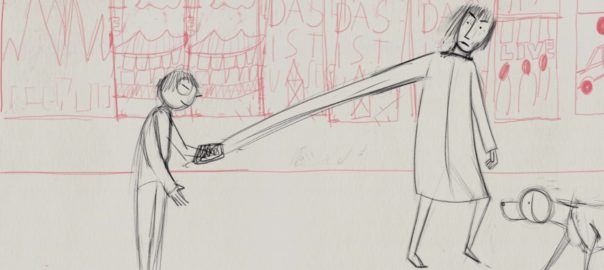An animated image of a woman pulling a young boy along while a dog sniffs her.