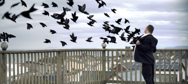 A flock of starlings appear to fly out of a man in a suit's chest.