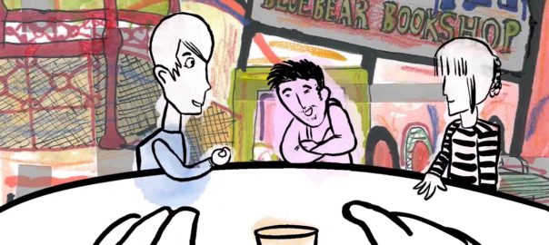 An animated image with three people sitting across from the main character. The image is drawn from their point of view - we see their hands and a coffee cup.