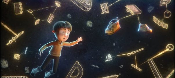 A stop motion image of a boy in space, surrounded by objects, reaching out for a single shoe.