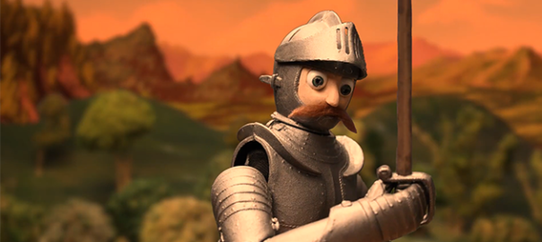 A stopmotion image of a knight with a distinctive mustache.
