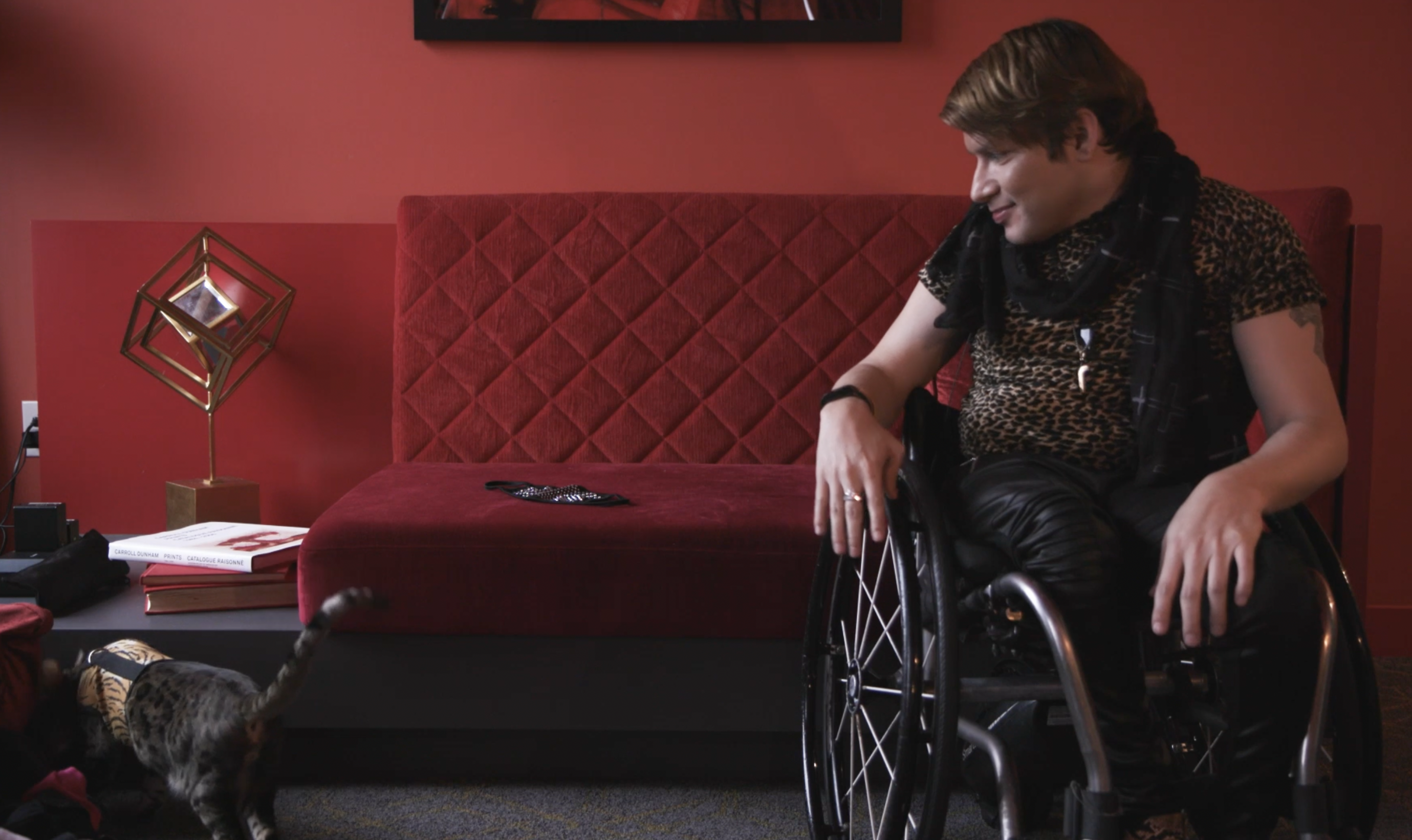 Andy Arias, a man in a wheelchair, looks over at his cat, wearing a fancy jacket.