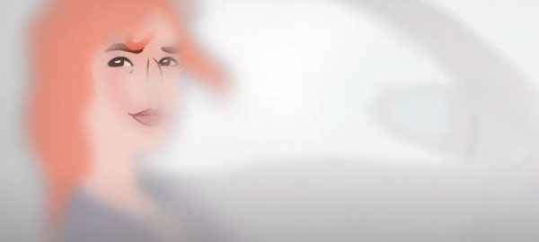 an animated faded / foggy image of a redhead woman in the driver's seat of a car looking to her side