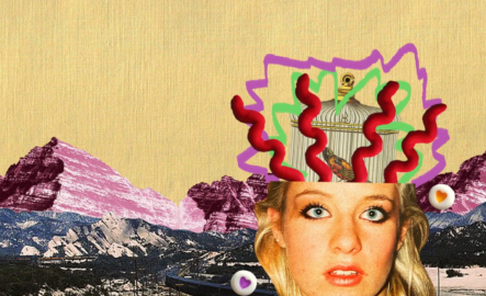 A photo montage of a blond woman with a birdcage on her head, on the background of purple rocky mountains.