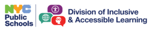 Three speech bubbles each with a different image. The image of a head with the infinity symbol, the ADA internet accessibility logo, and the global symbol for world language interpretations. These are next to the words Division of Inclusive and Accessible Learning.